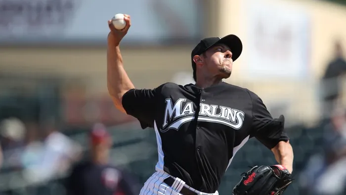 Coach Jeff Allison in his Florida Marlins windup during a professional start